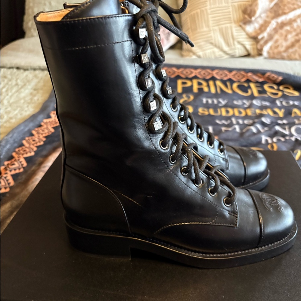 CHANEL Black Leather Combat Boots - Picture 3 of 7